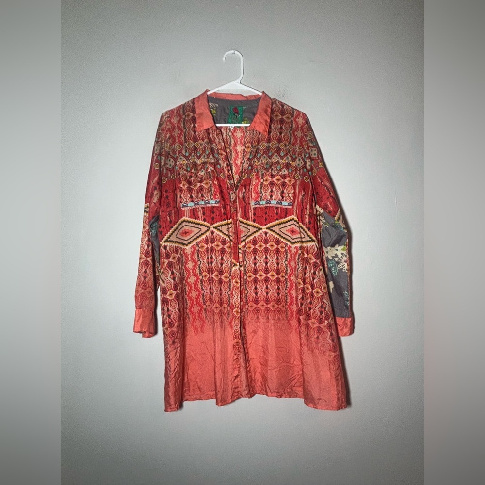Johnny Was Coral Orange Patterned Button-Front Tunic Blouse
